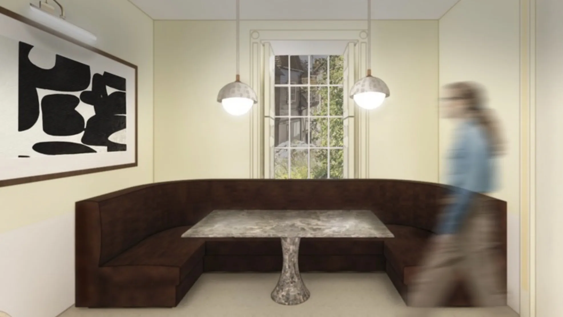 Café booth with curved leather banquette and marble pedestal table beneath a sash window
