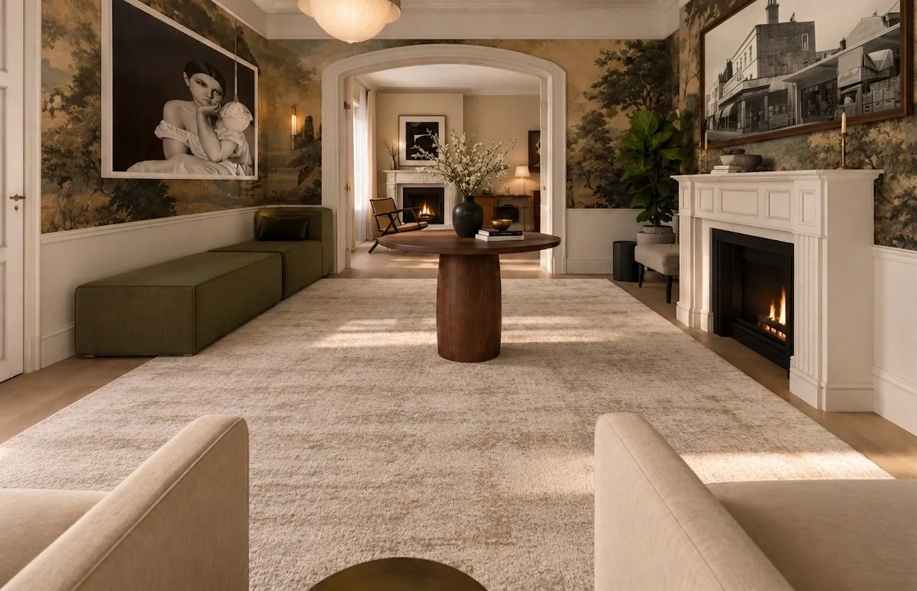 Lounge with scenic mural wallpaper, olive banquette, walnut table and original fireplace