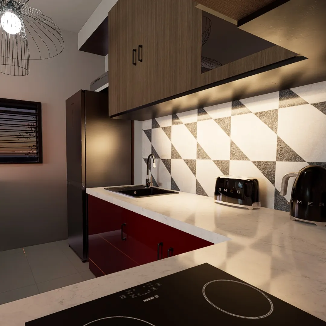 Kitchenette with triangle-tile splashback and oxblood cabinets