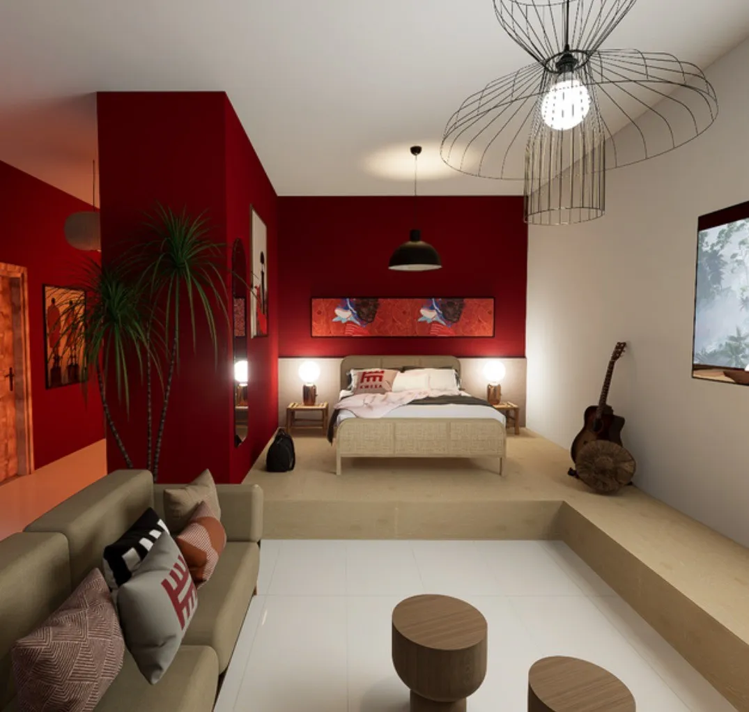 Studio with raised timber sleeping platform, deep red feature walls and a wire pendant