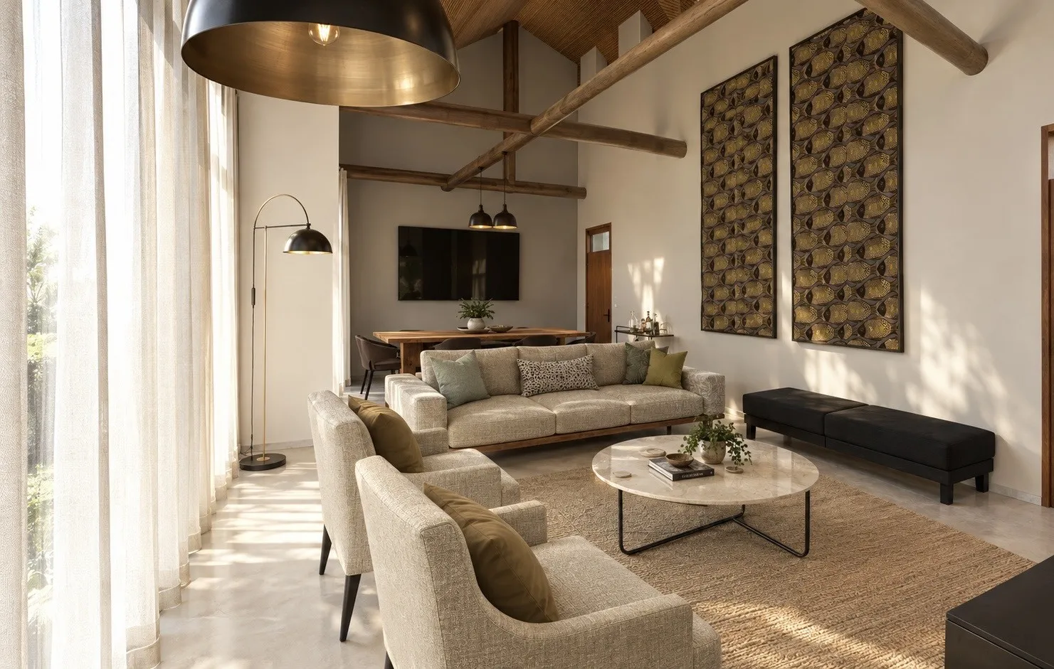Seating area with marble coffee table, jute rug and fish-motif panels